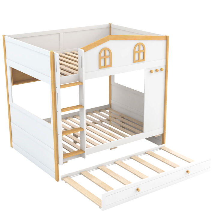Merax House-Shaped Bunk Bed with Storage Shelves, Side Hooks & Pull-Out Trundle