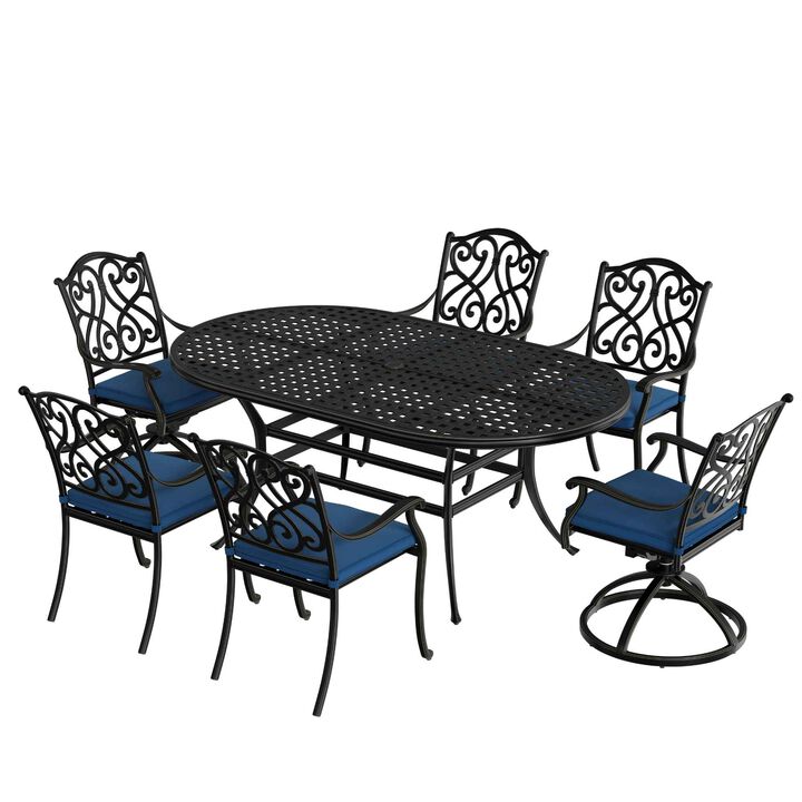 Mondawe 7-Piece Outdoor Dining Set Cast Aluminum with 1 Elliptical Table 4 Dining Chairs 2 Swivel Rockers with Cushions (Seat 6)
