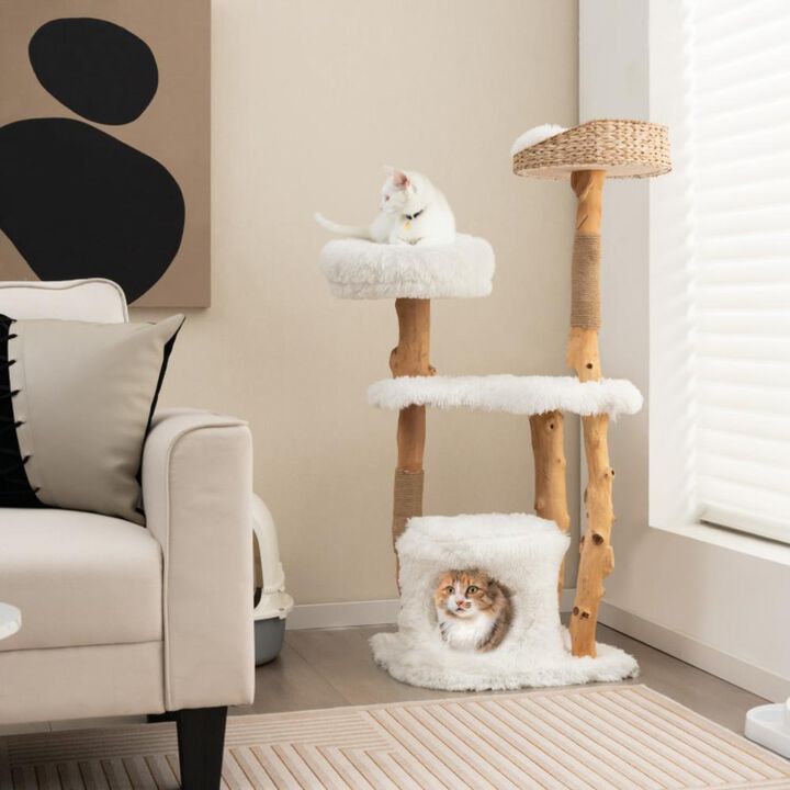 Hivvago Solid Wood Cat Tower with Top Cattail Basket Cat Bed