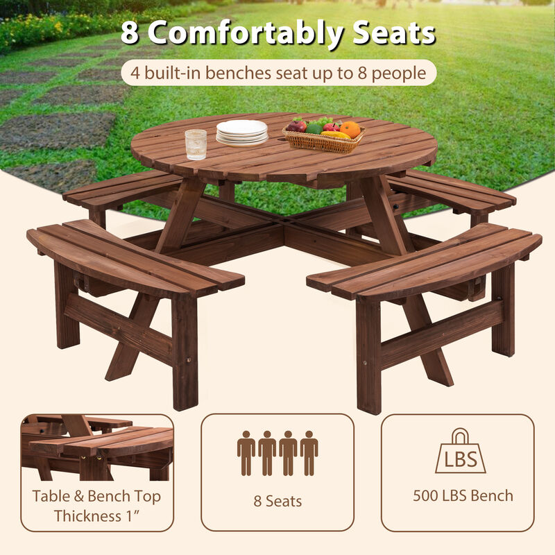 8-Person Outdoor Circular Picnic Table Patio Dining Set with 4 Built-in Benches for Backyard & Garden