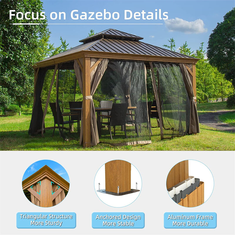 12'x12' Hardtop Gazebo, Wooden Coated Aluminum Frame Canopy with Galvanized Steel Double Roof, Outdoor Permanent Metal Pavilion with Curtains and Netting for Patio, Deck and Lawn(Wood-Looking)