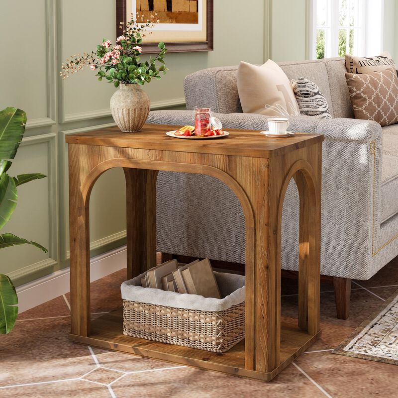 2-Tier Solid Wood Farmhouse End Table with Shelf for Living Room - Rustic Brown image number 5