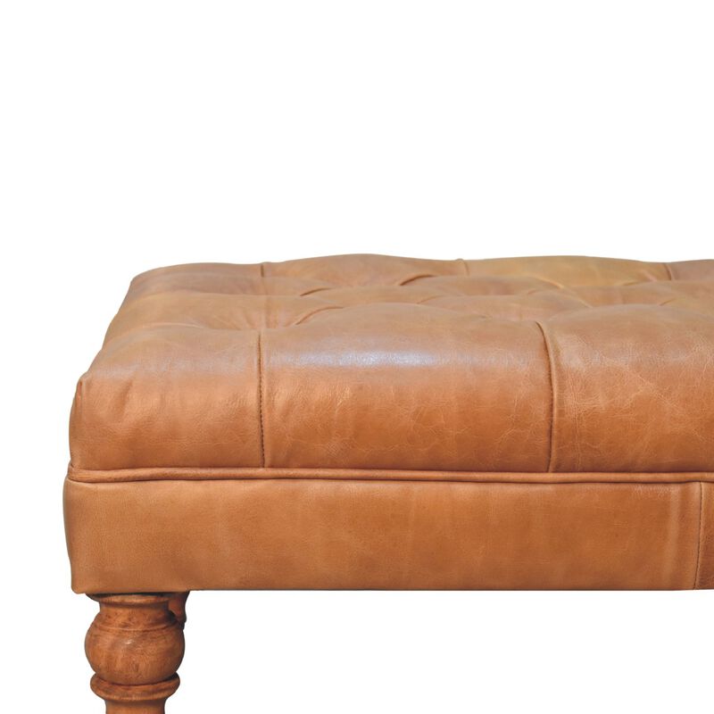 Artisan Furniture  Solid Wood Buffalo Tan Leather Ottoman with Castor Legs
