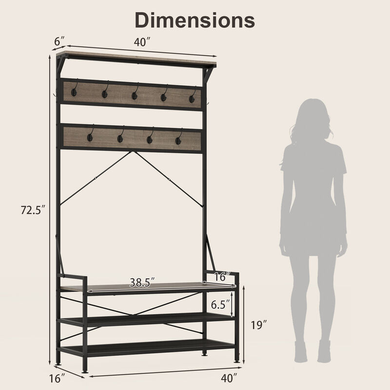 4-in-1 Hall Tree Coat Rack with Shoe Bench and 11 Hooks for Entryway image number 2