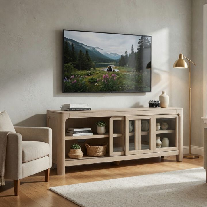 Pira TV Stand Media Console, 2 Glass Door Cabinets, Brown Wood 71 Inch