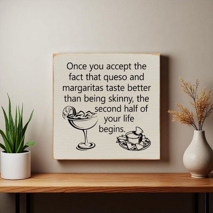Funny Queso and Margarita Quote Wood Sign Kitchen Wall Decor