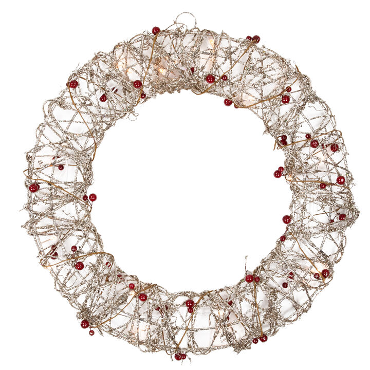 Pre-Lit Champagne Gold Glittered Rattan Berry Artificial Christmas Wreath - 18-Inch  Clear Lights