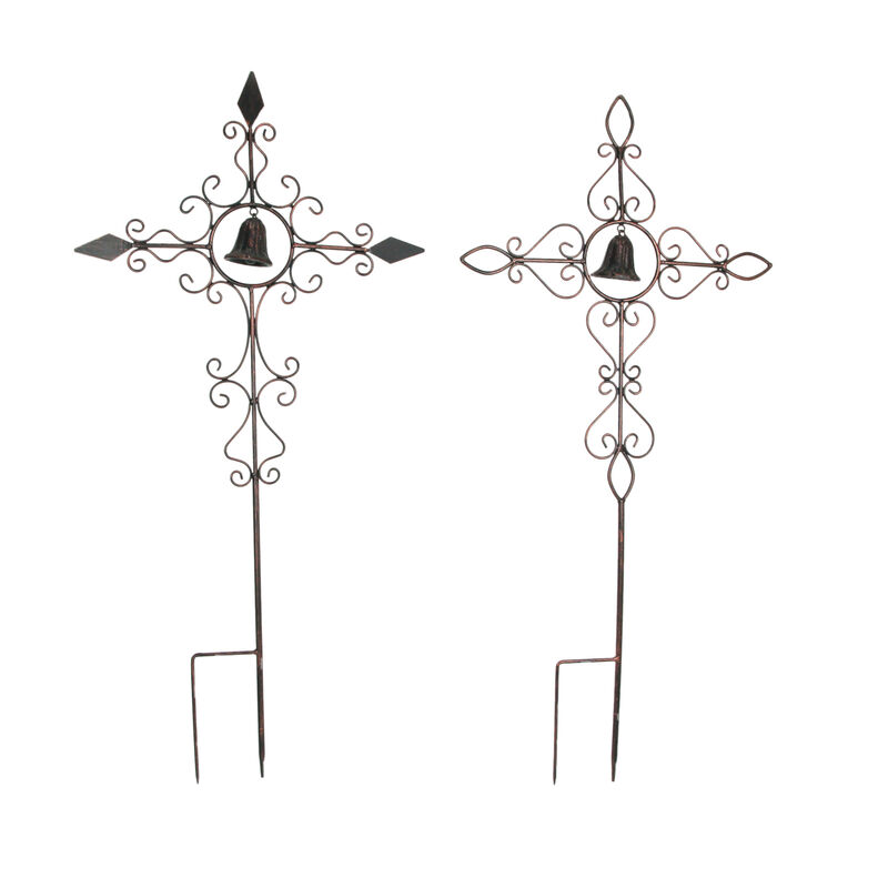 Set of 2 Aged Copper Finished Scroll Design Metal Garden Stakes With Wind Bells image number 0