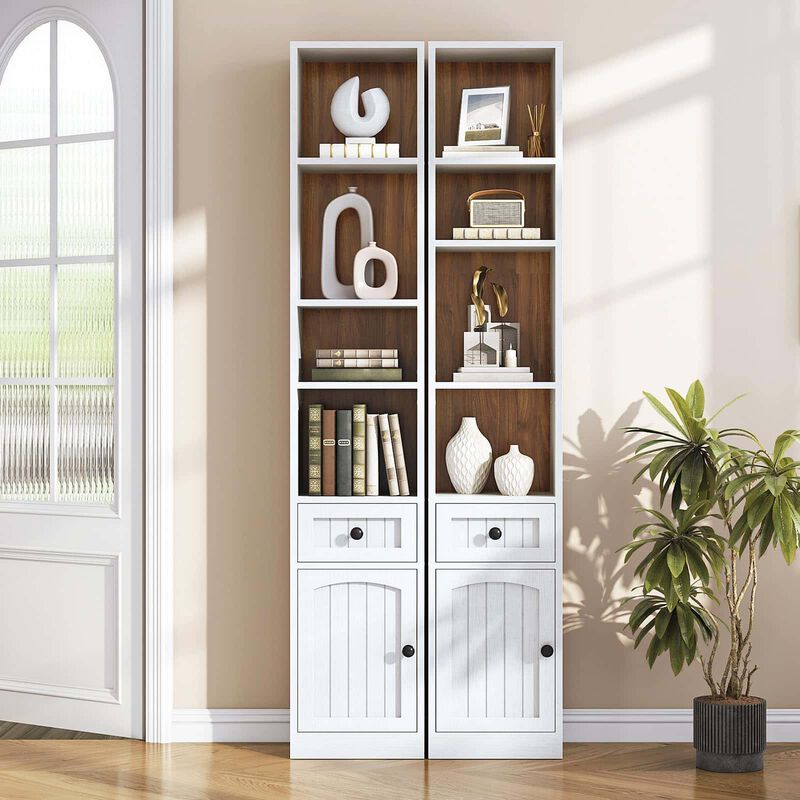 Slim Tall Bookcase with Cabinet Storage and Adjustable Shelving Unit- White image number 3