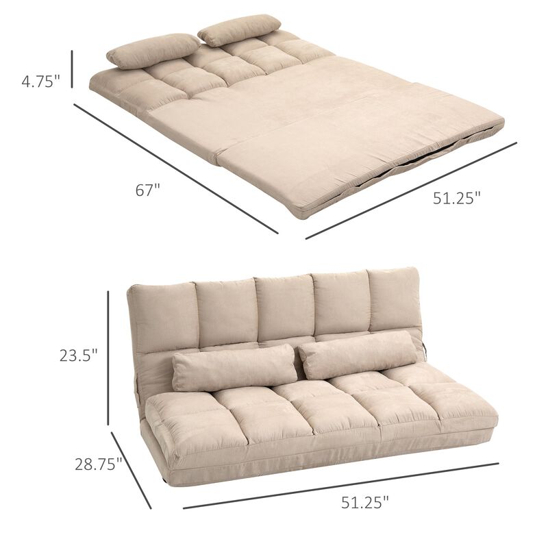 Convertible Floor Sofa Chair, Folding Couch Bed, Guest Chaise Lounge with 2 Pillows, Adjustable Backrest and Headrest, Beige