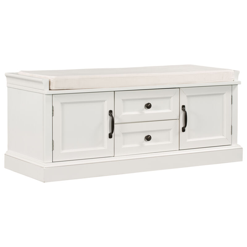 Storage Bench With 2 Drawers And 2 Cabinets, Shoe Bench With Removable Cushion For Living Room