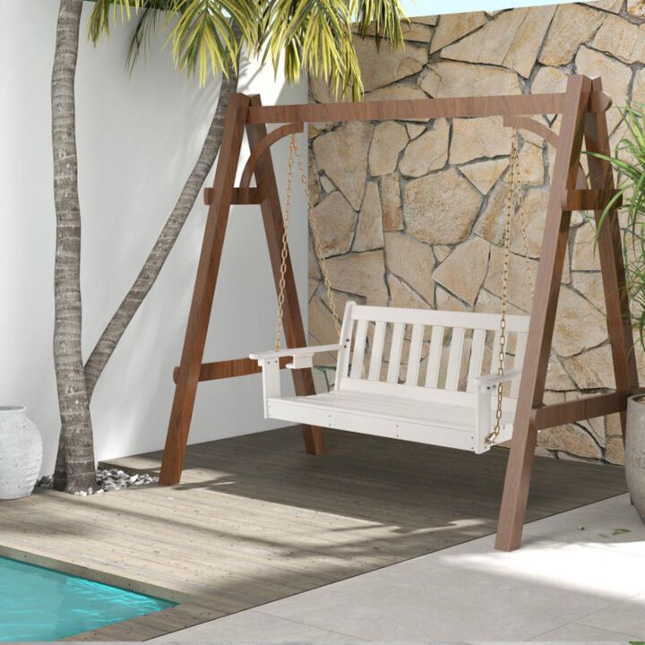 Hivvago 54 Inch HDPE Patio Porch Swing with Cup Holder-White