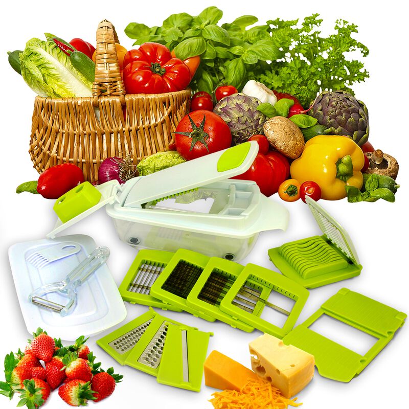 MegaChef 8-in-1 Multi-Use Slicer Dicer and Chopper with Interchangeable Blades, Vegetable and Fruit Peeler and Soft Slicer