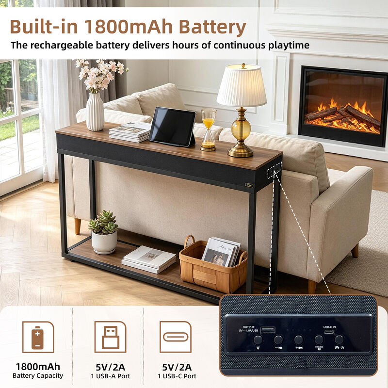 2 Tiers Modern Console Sofa Table with USB and Bluetooth Speaker Entryway Table image number 7