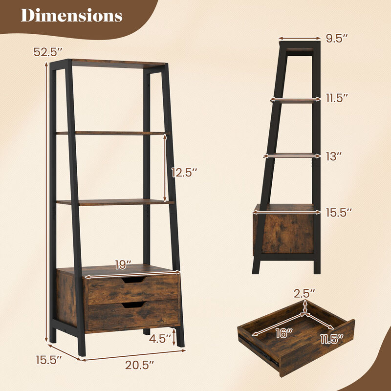 4-Tier Ladder Shelf with 2 Drawers, Freestanding Bookcase for Home or Office