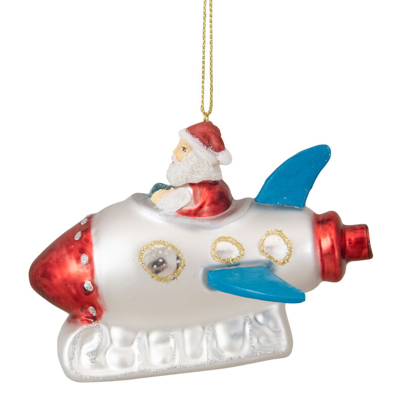 4.25" Santa in a Silver Rocket Ship Glass Christmas Ornament image number 1