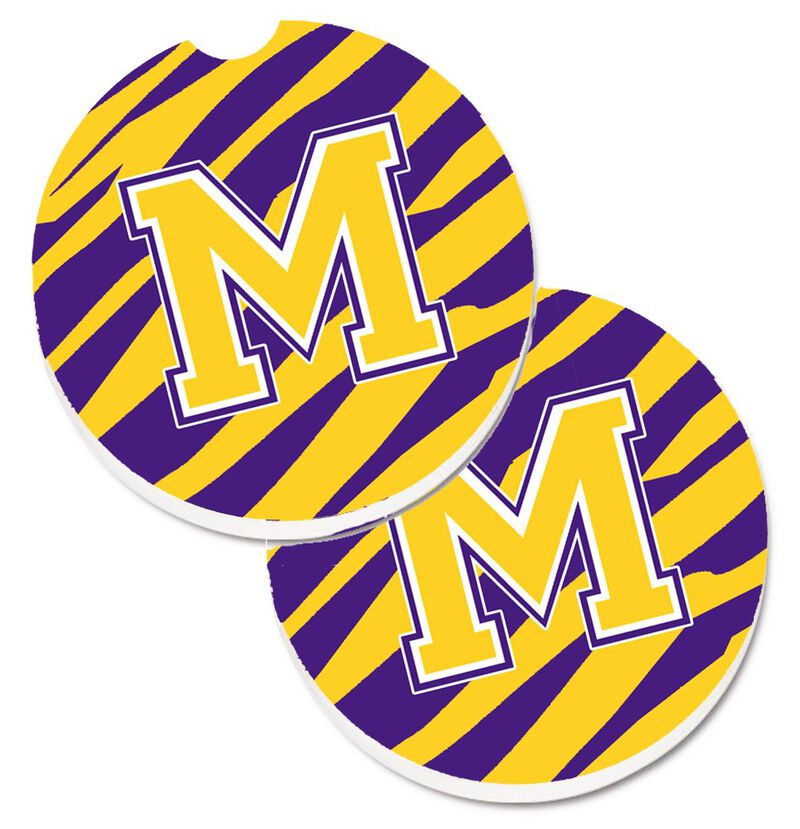 Caroline's Treasures Letter M Monogram - Tiger Stripe - Purple Gold Set of 2 Cup Holder Car Coasters CJ1022-MCARC, 2.56, Multicolor