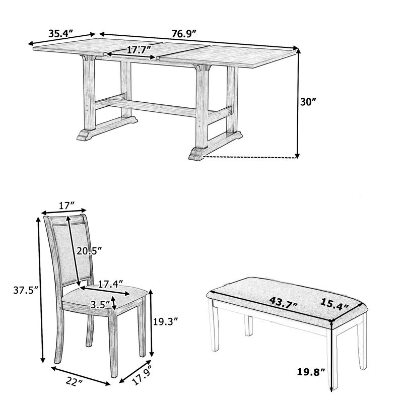 Merax 6-Piece Updated 76.9inch Extendable Trestle Dining Table Set with Removable Leaf Dining Sets image number 7