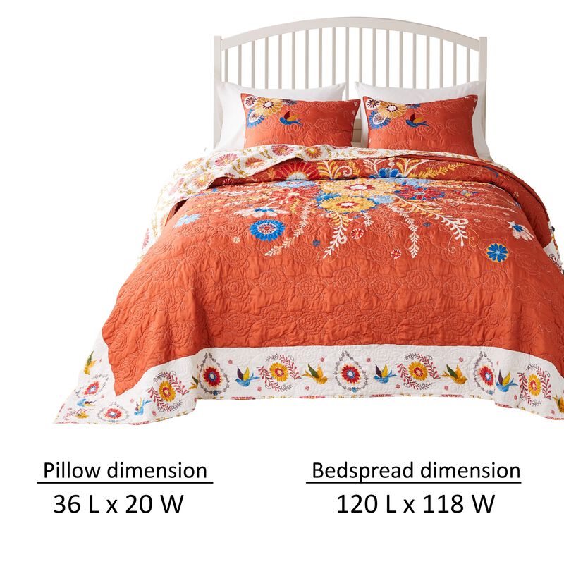 Xan 3pc King Bedspread and Pillow Sham Set, Bouquet Print, Multicolor - Benzara