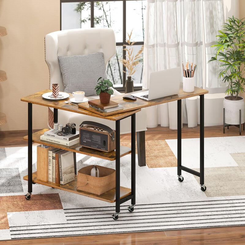 360&deg; Rotating Sofa Side Table with 2-Tier Storage Shelves