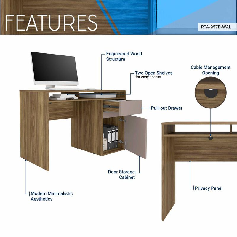 Techni Mobili Home Office Workstation with Storage, Walnut