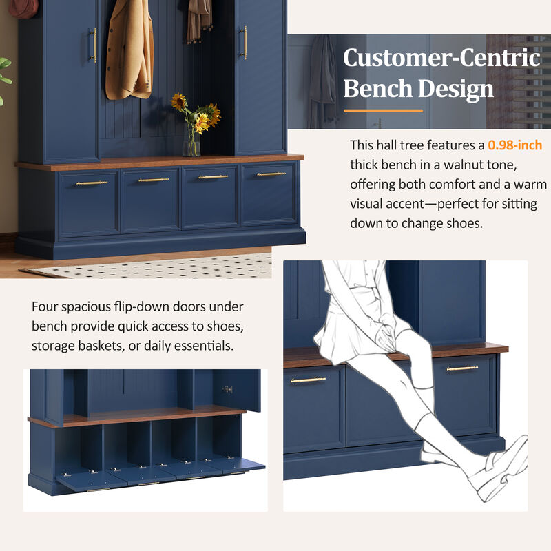 Merax Farmhouse Hall Tree with Gold-Tone Handles, Upper Cabinets with Hooks & Adjustable Shelves image number 6