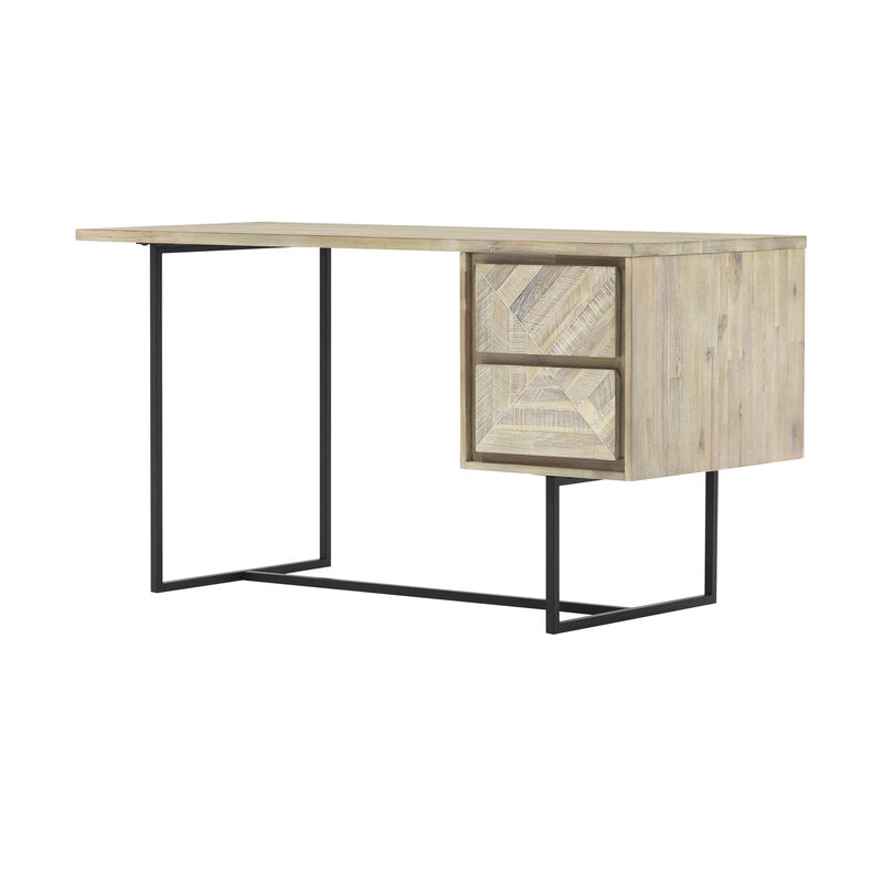 Rexi 51 Inch Acacia Wood Desk, 2 Drawers, Metal Sled Base, Natural Brown-Benzara