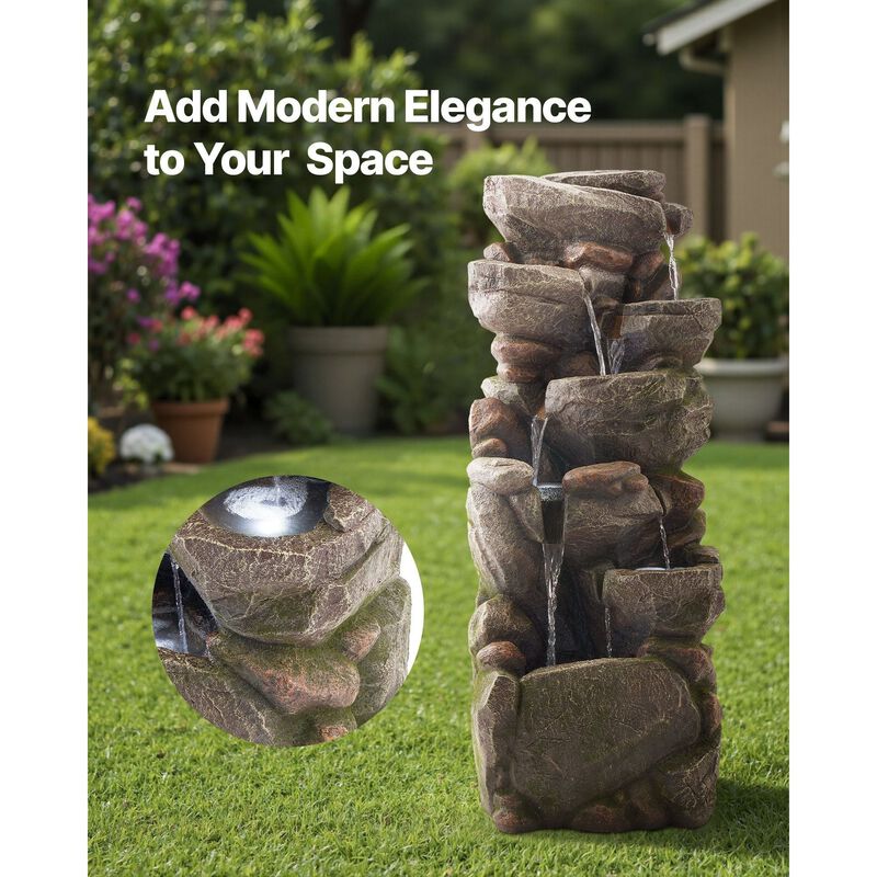 7-Tier Outdoor Water Fountain with LED Light, Rock Cascading Design for Garden Patio image number 7