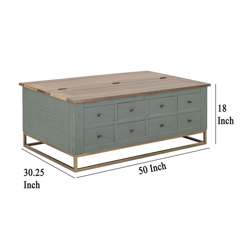 Timmy Cocktail Coffee Table, 8 Drawers, Sage Green Pine, 50 Inch