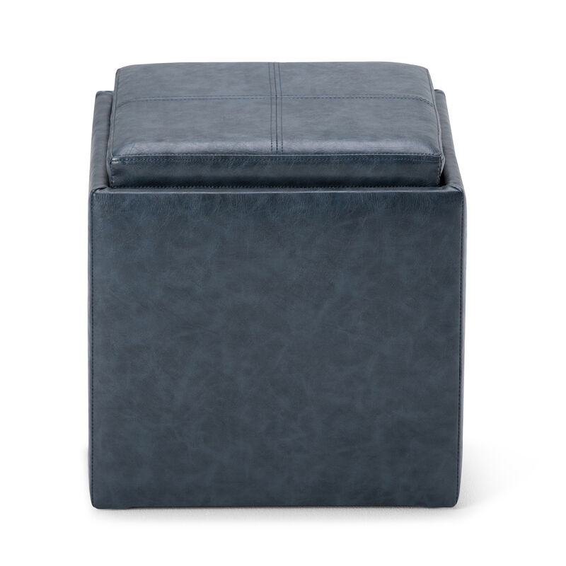 Rockwood 17 inch Wide Contemporary Square Cube Storage Ottoman with Tray in Denim Blue Vegan Faux Leather, Assembled
