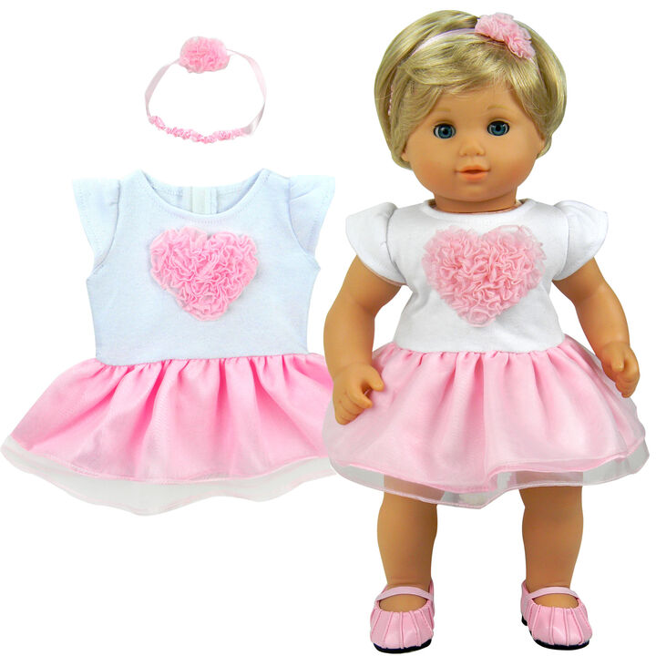 Ruffled Heart and Tulle Skirt Dress for 15" Baby Dolls, White/Pink