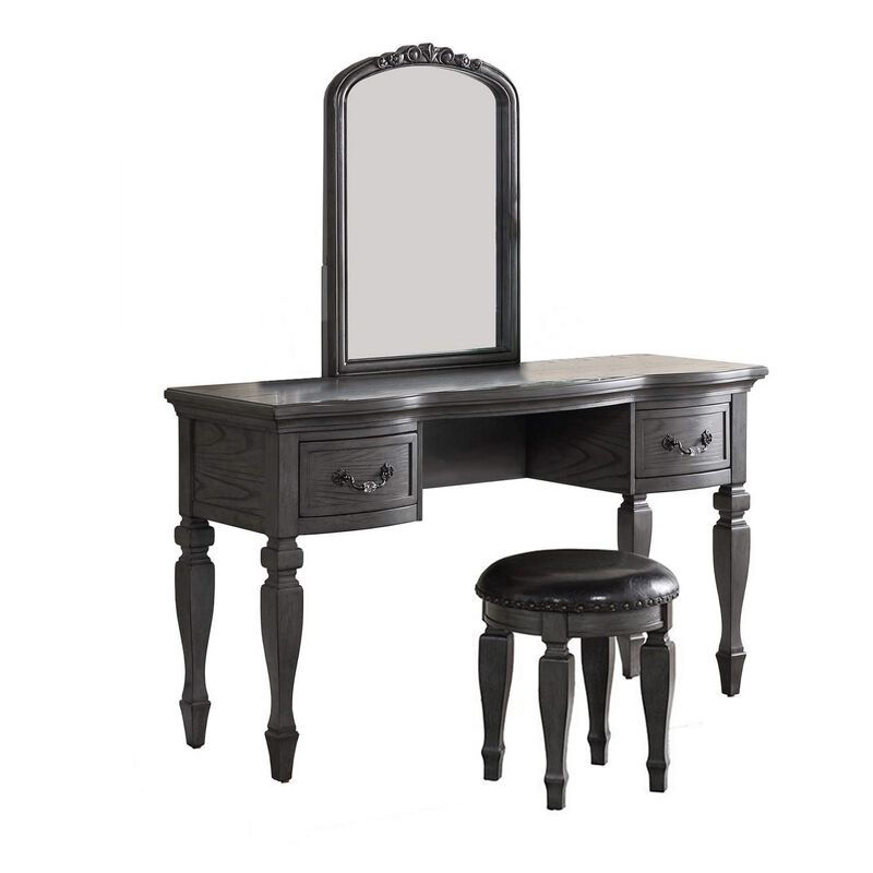 3 Piece Vanity Set with Carved Mirror and Turned Legs, Gray-Benzara