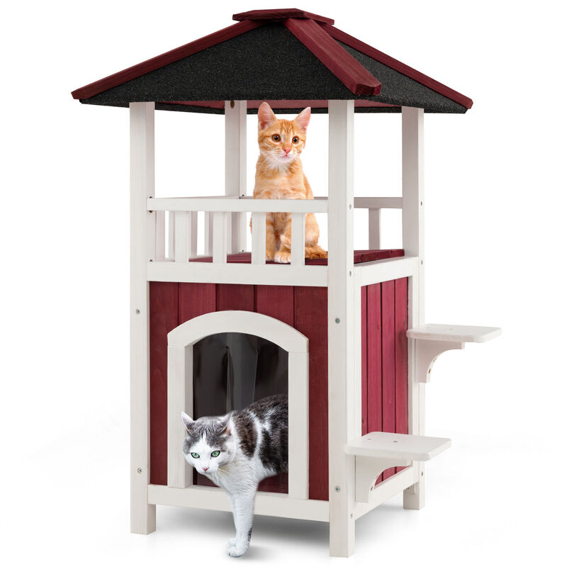 Outdoor 2-Story Wooden Cat House with Balcony, Roof & Rain Curtain &ndash; Red image number 4