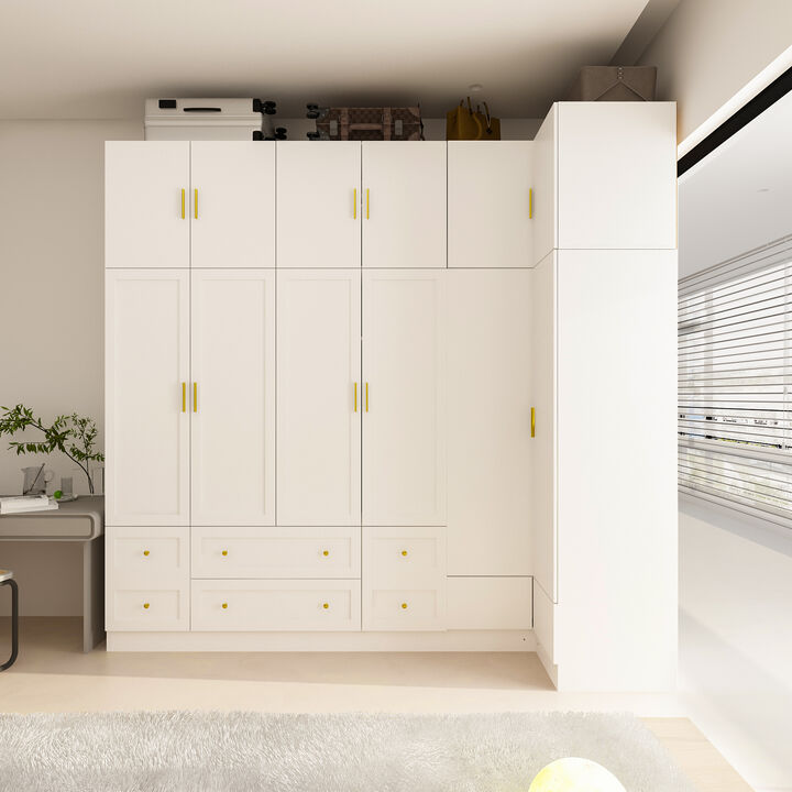 FUFU&GAGA L-Shaped Corner Wardrobe Combination with Large Storage Space, Adjustable Shelves, Hanging Rods, (98.4 in. W x 19.7 in. D x 94.5 in. H), White