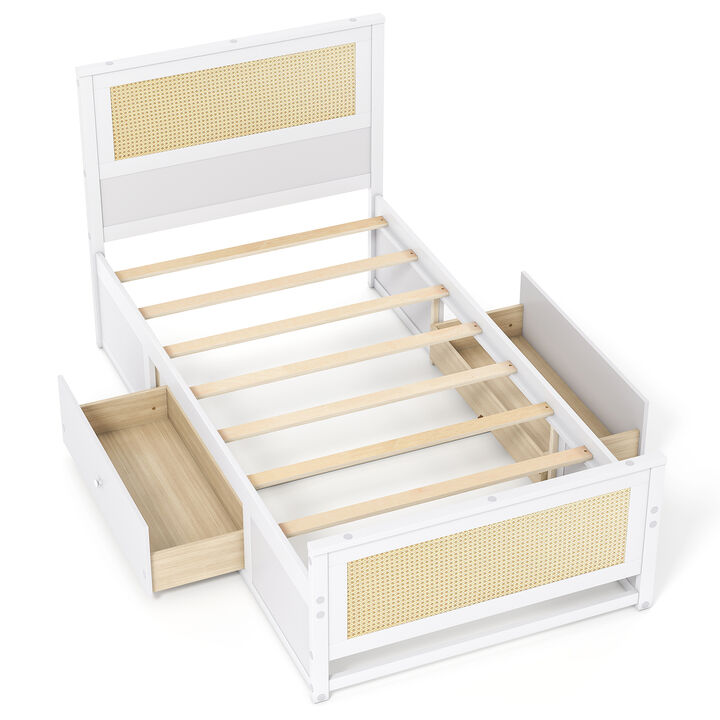Twin Size Bed Frame with Rattan Headboard and Storage Drawers