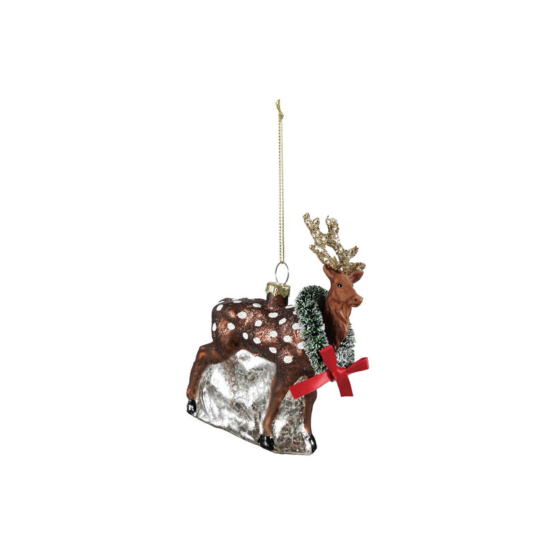 Glittered Glass Deer Ornament with Festive Wreath image number 0