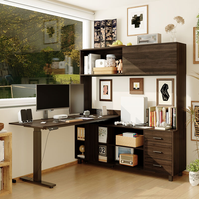 FUFU&GAGA L-Shaped Standing Desk with Hutch &ndash; Adjustable Height Computer Desk with Storage Drawers & Shelves, (63" W x 68.3" H x 63" D), Rustic Brown image number 3