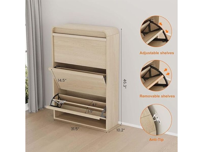 Entryway Wood Shoe Storage Cabinet Flip Drawer Adjustable Shelves image number 2