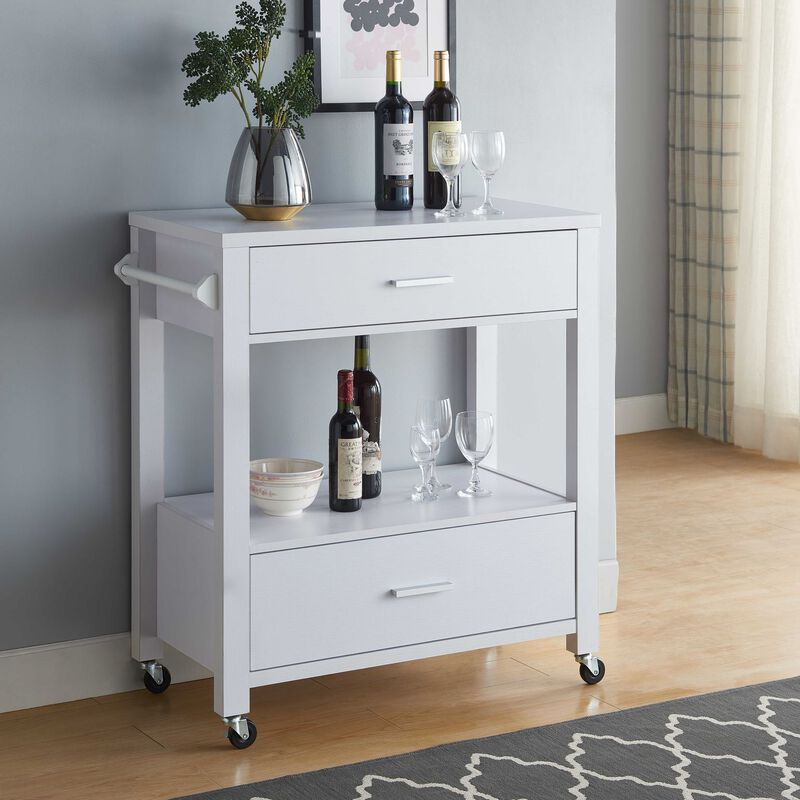 White 4 Wheel Kitchen Cart with 2 Drawers & 2 Tier Display and Storage Unit