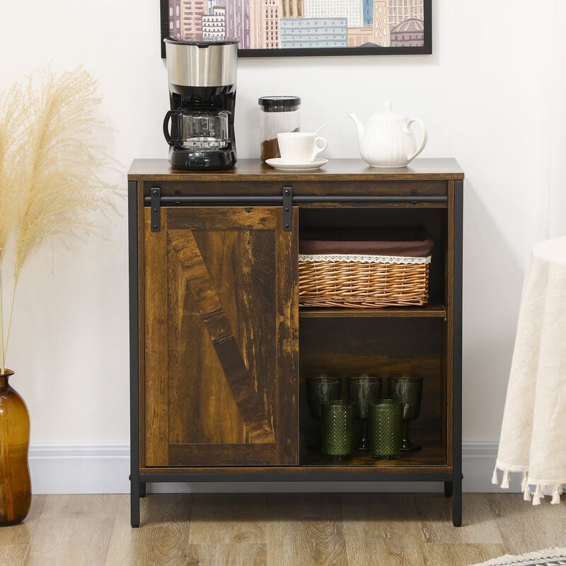 Rustic Brown Kitchen Storage: Farmhouse Buffet with Sliding Barn Door