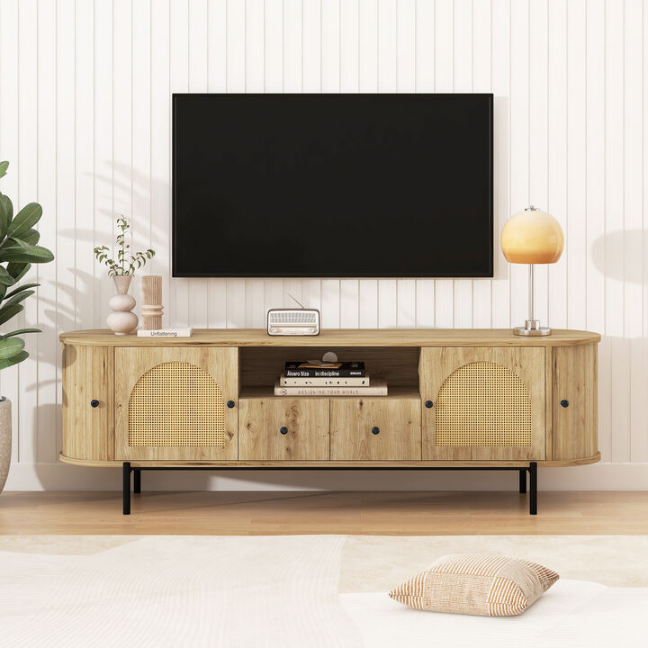 Merax Farmhouse TV Cabinet with Durable Synthetic Rattan Doors, 2 Drawers for Remotes