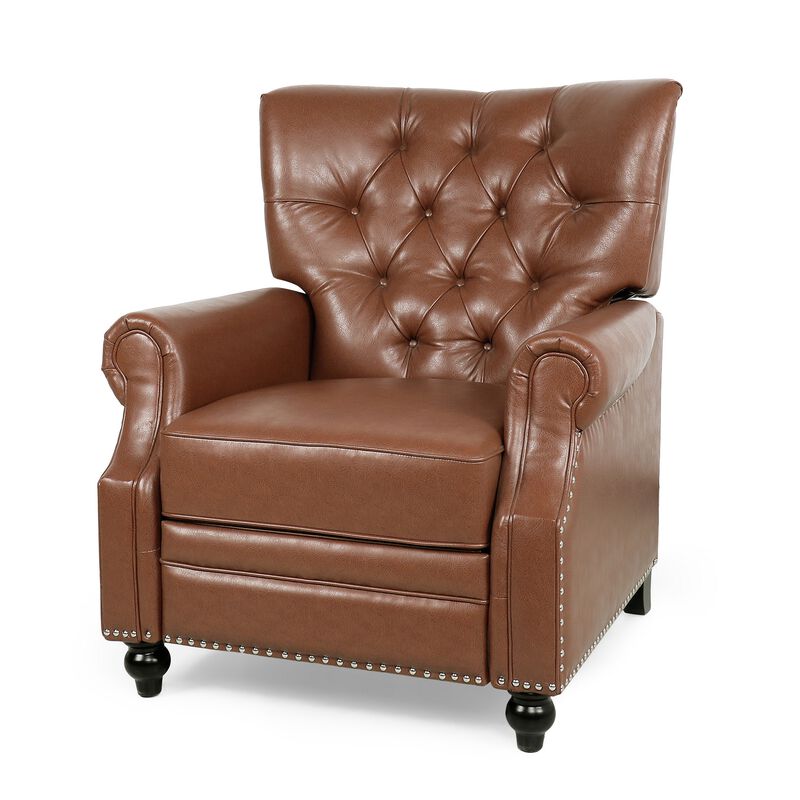 Recliner Chair, Turned Legs, Light Brown Button Tufted Faux Leather - Benzara