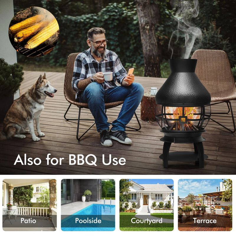 Mondawe 20" Black Cast Iron Chimenea Fireplace, Wood Burning, w/ Mesh Cover