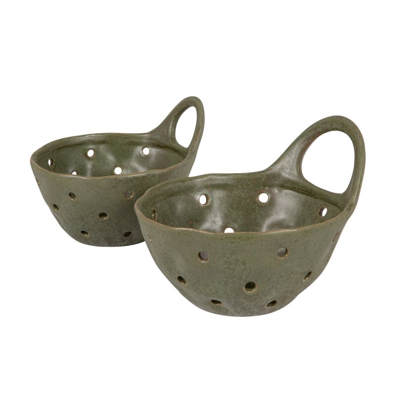 Reactive Glaze Stoneware Colanders, Green, Set of 2 image number 0
