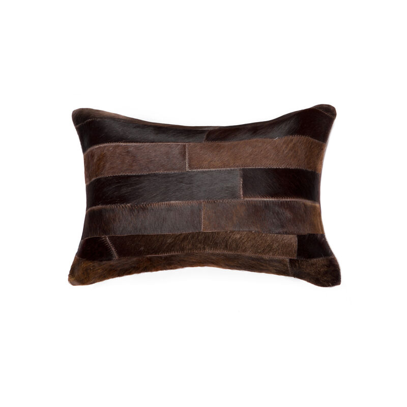 HomeRoots 12" X 20" Chocolate Patchwork Cowhide Lumbar Throw Pillow image number 0