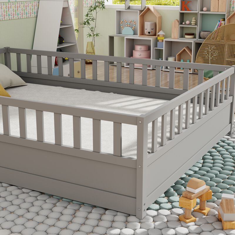 Floor Bed Frame for Kids with High Security Rails and Entry Door