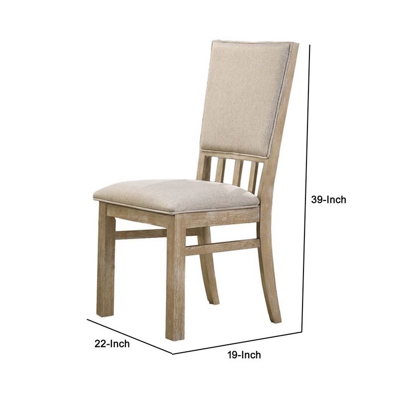 22 Inch Wood Dining Chairs Set of 2, Beige Cushioning, Slatted Low Back - Benzara