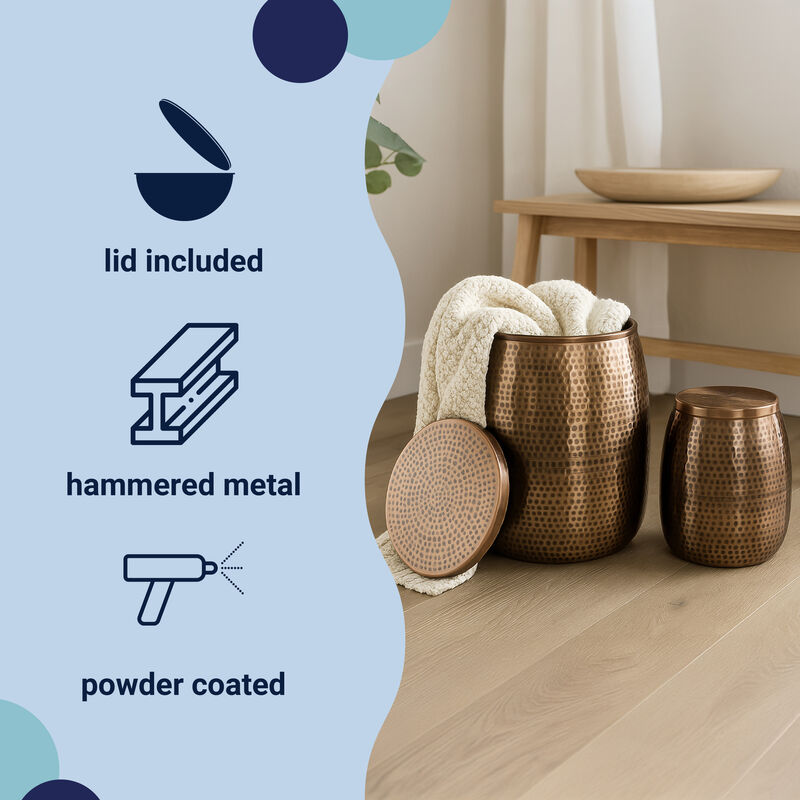 Merida Modern Rustic Hammered Metal Drum Storage Side Table with Lid
