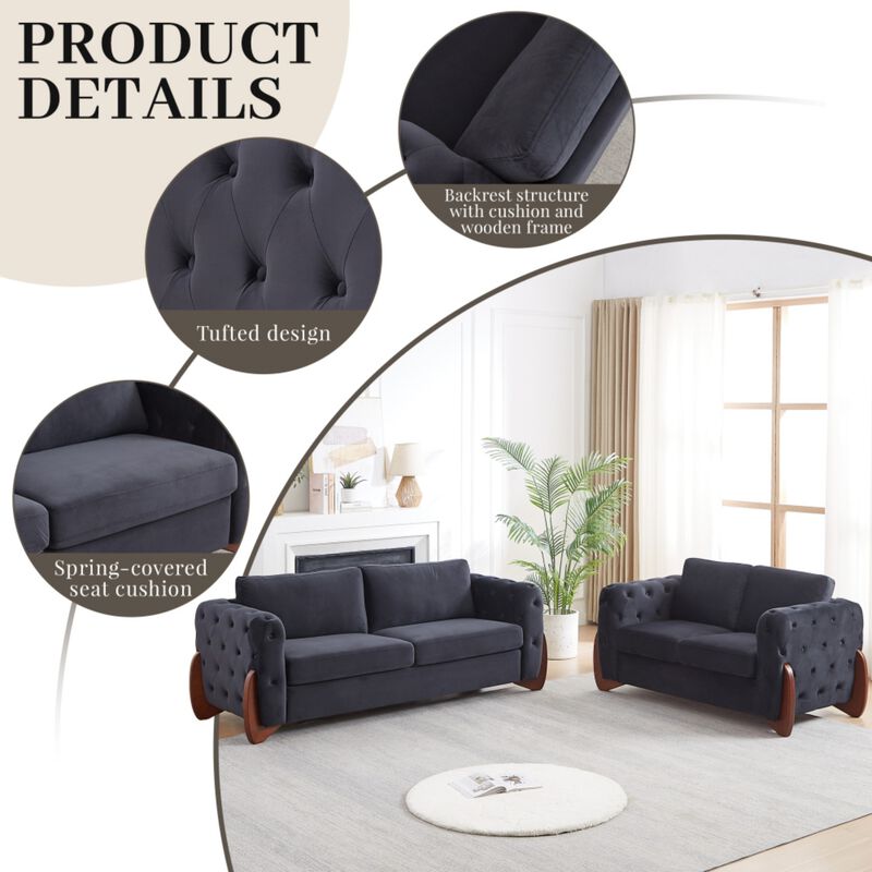 Boncok 2‑Piece Mid‑Century Modern Button Tufted Velvet Sofa Set image number 3