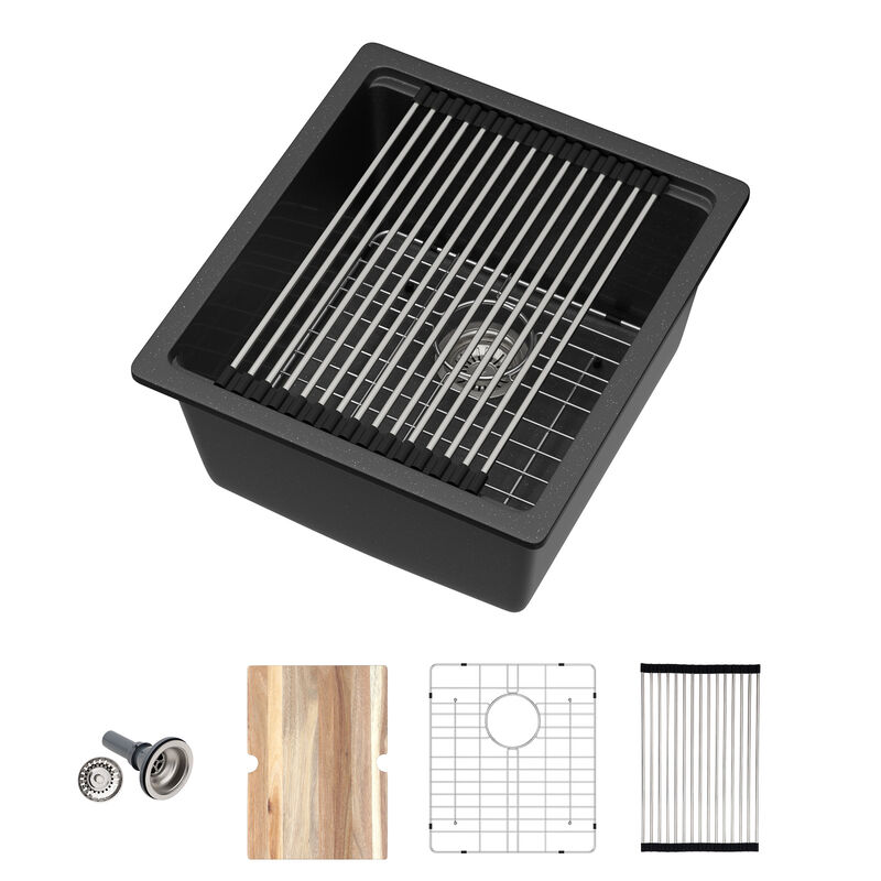 17 in. Undermount Single Bowl Workstation Black Quartz Composite Kitchen Sink Round Corner with Bottom Grid. image number 0